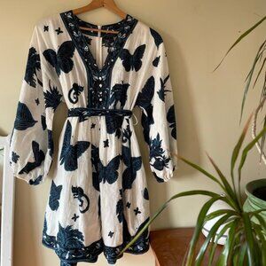 Linen butterfly dress - white and blue mini balloon dress size 8 Banana Republic